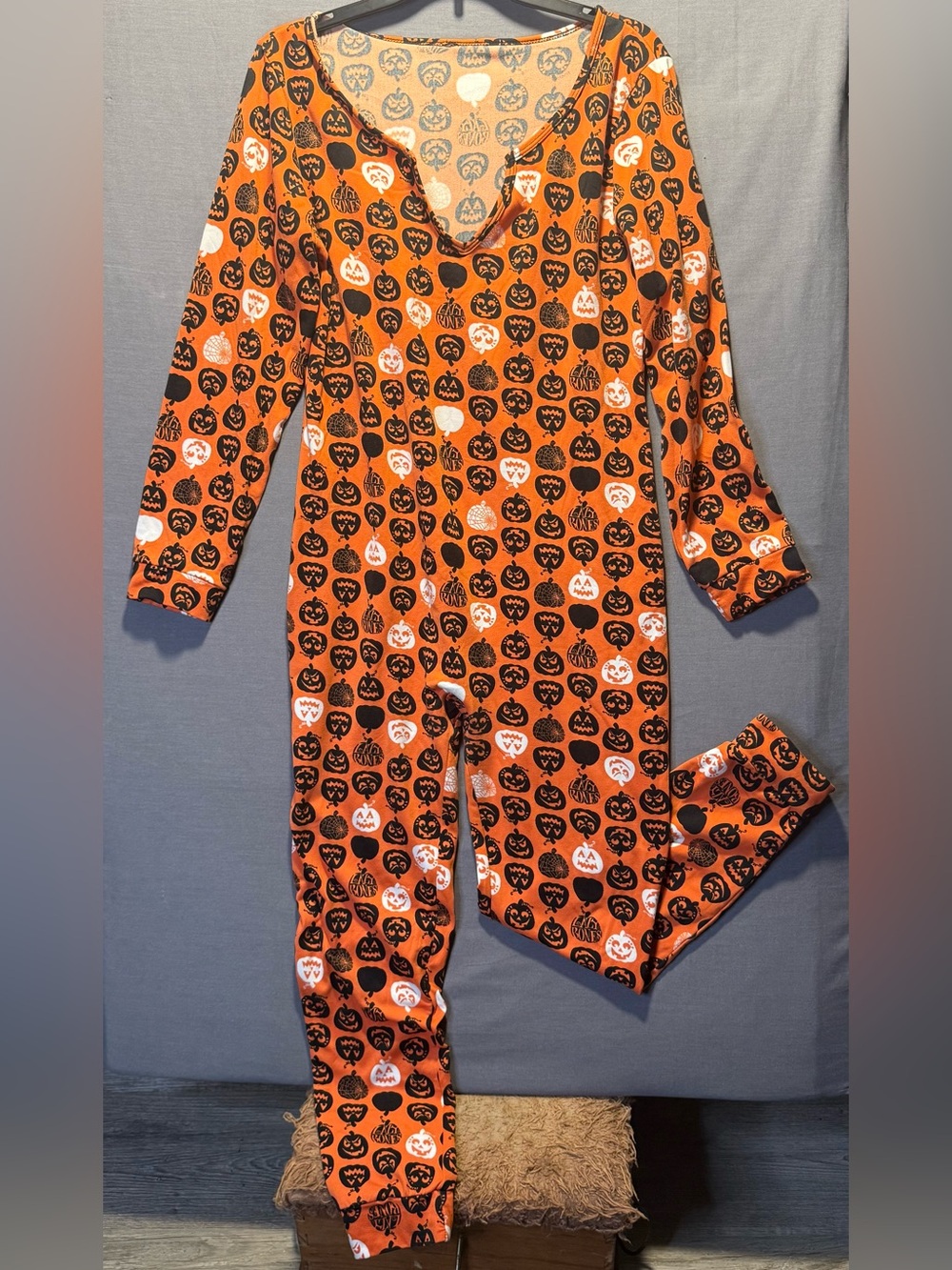 Halloween Pumpkin Print Orange women’s One-Piece Pajamas. Measurements in pics